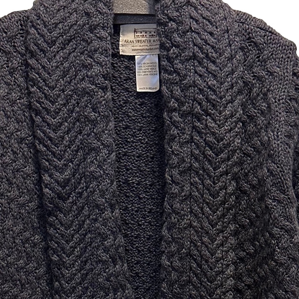 Irish Aran Sweater, XL, cable knit cardigan. Blue/Gray. No holes, snags, pitting
